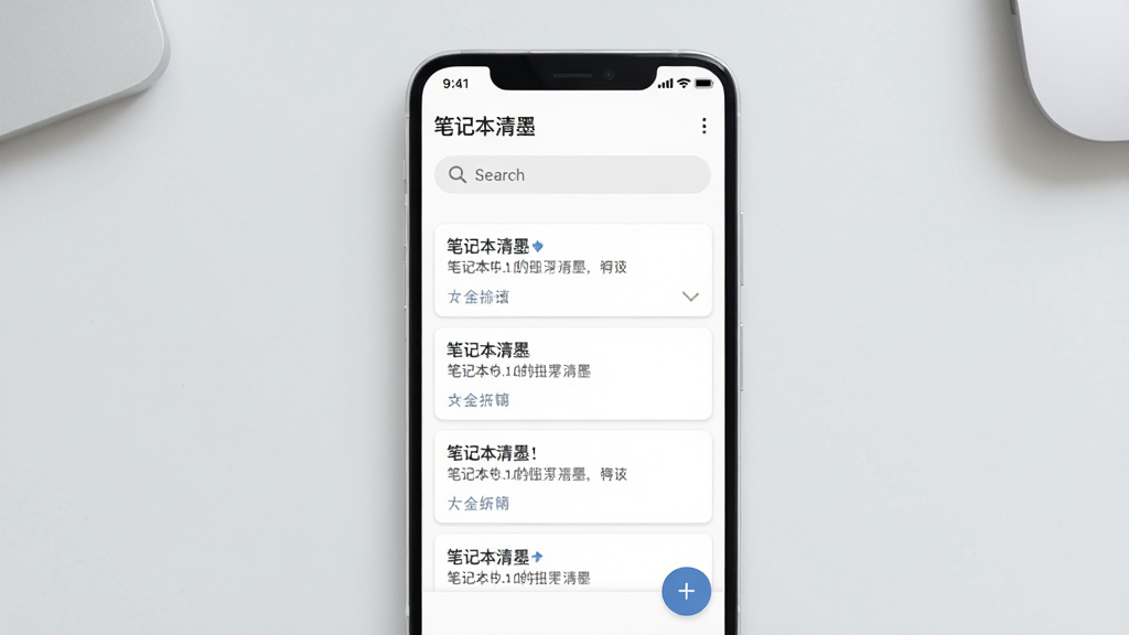 画面中央是一部竖屏安卓手机,手机屏幕显示“笔记本清墨”应用主界面,界面采用极简白底设计,顶部有搜索栏,中部为笔记卡片列表,右下角有圆形加号按钮,背景为干净浅灰色桌面,风格为清爽扁平化UI展示,细节清晰,画质高清,画面干净,无多余元素