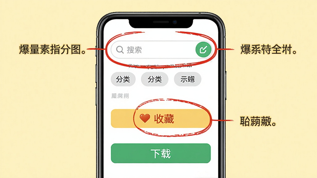 爆量素材新手操作指引示意图,画面展示手机屏幕内应用界面,界面中标注了搜索框、分类标签、收藏按钮和下载按钮的位置,每个位置旁有红色圆圈和文字说明,背景为浅黄色,风格直观易懂,画质清晰,布局工整