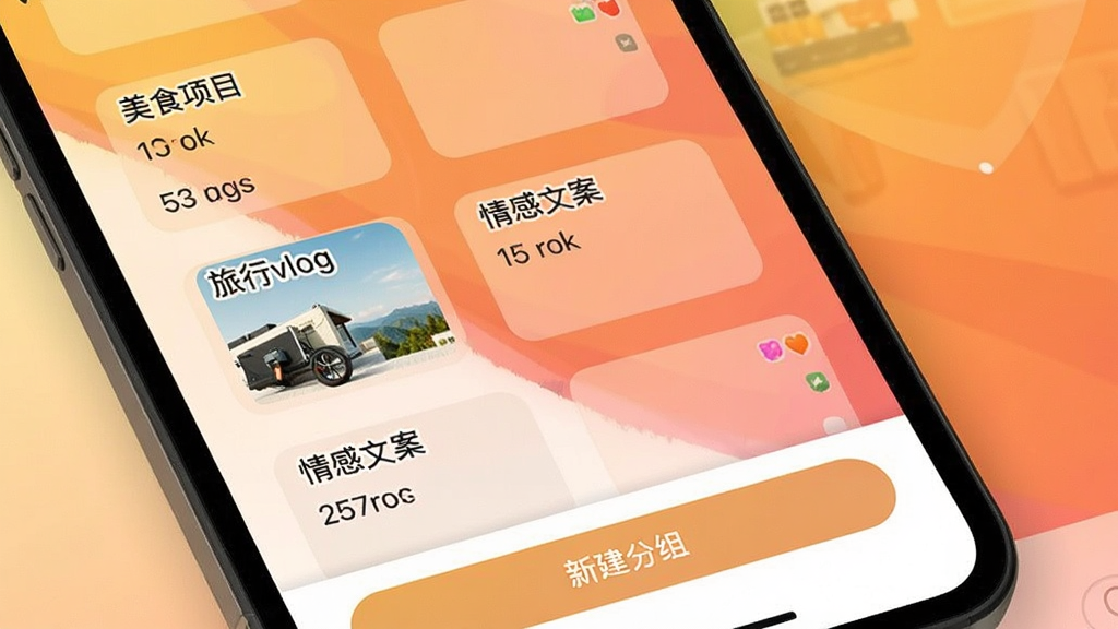 爆量素材收藏夹管理界面,画面展示手机屏幕内收藏夹列表,包含“美食项目”“旅行vlog”“情感文案”等分组文件夹,每个文件夹显示素材数量,屏幕下方有新建分组按钮,背景为暖色调渐变,风格温馨实用,画质清晰,布局整齐