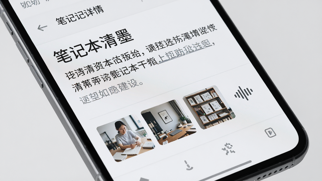 手机屏幕特写,显示“笔记本清墨”笔记详情页,正文下方排列着三张图片缩略图和一个音频波形图标,界面配色为浅灰与白色,风格为产品功能展示图,细节清晰,画质高清,画面干净,无多余元素