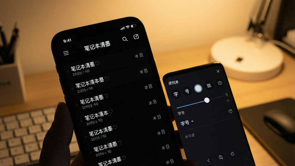 手机屏幕显示“笔记本清墨”深色模式界面,黑色背景白色文字,笔记列表清晰可见,旁边有设置面板显示字号滑动条,风格为夜间使用场景图,细节清晰,画质高清,画面干净,无多余元素