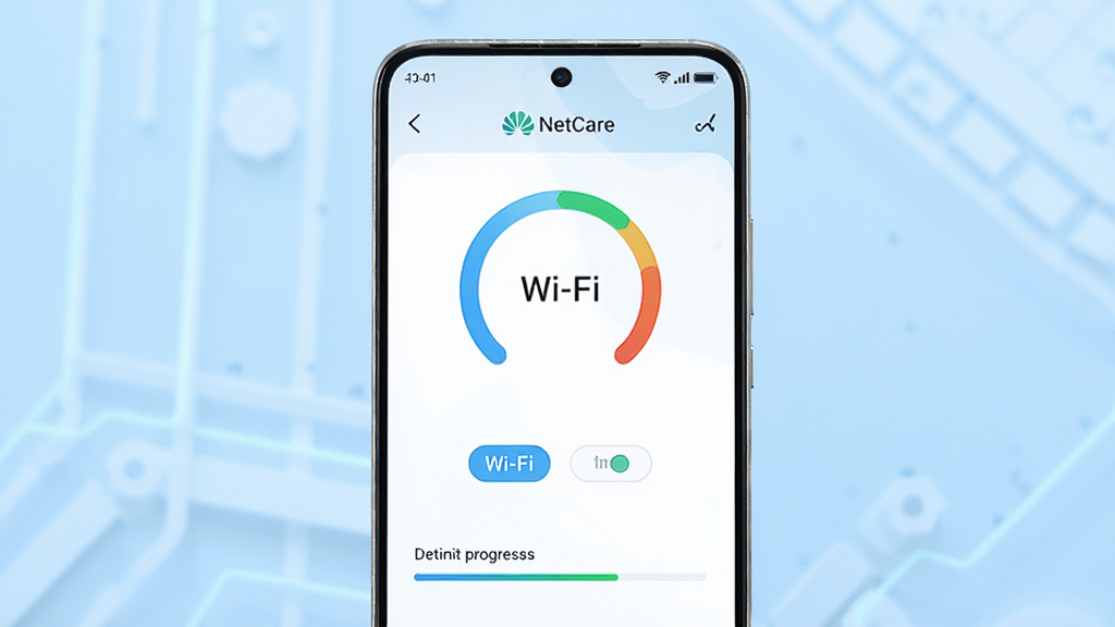 一张展示华为手机屏幕的图片,屏幕中央显示 NetCare 应用主界面,界面包含网络信号强度环形图、Wi-Fi与移动数据切换按钮、检测进度条。背景为浅蓝色科技渐变风格,画面干净整洁,文字清晰可辨,画质高清,无多余元素。