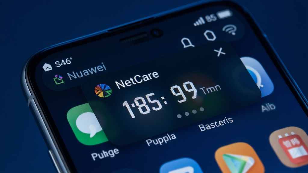 华为手机屏幕特写,顶部通知栏显示 NetCare 实时网速悬浮窗,数字清晰可见,背景为手机桌面。画面风格科技感十足,色调偏深蓝,画质高清,细节丰富,无多余装饰元素。