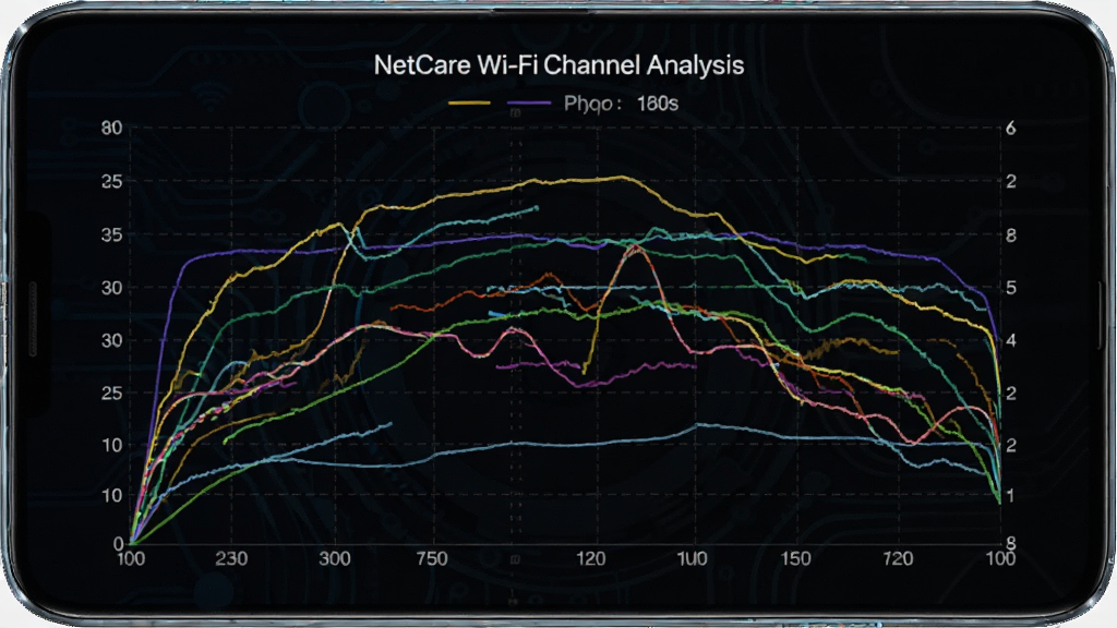 一部手机显示 NetCare Wi-Fi信道分析图表,图表中有多个彩色曲线代表不同信道,背景为深色科技风格。画面中有华为手机外观轮廓,整体布局整洁,画质清晰,无多余元素。