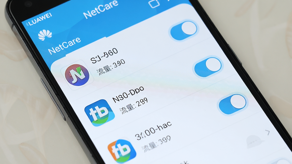 华为手机屏幕展示 NetCare 应用联网管理列表,列表中每个应用旁有开关按钮和流量数据,界面干净整齐,色调以白色和浅蓝为主,画质高清,无多余元素。