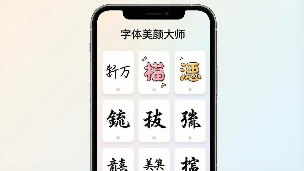 一张展示字体美颜大师软件界面的手机预览图,画面中央是一部智能手机,屏幕显示软件首页,顶部有