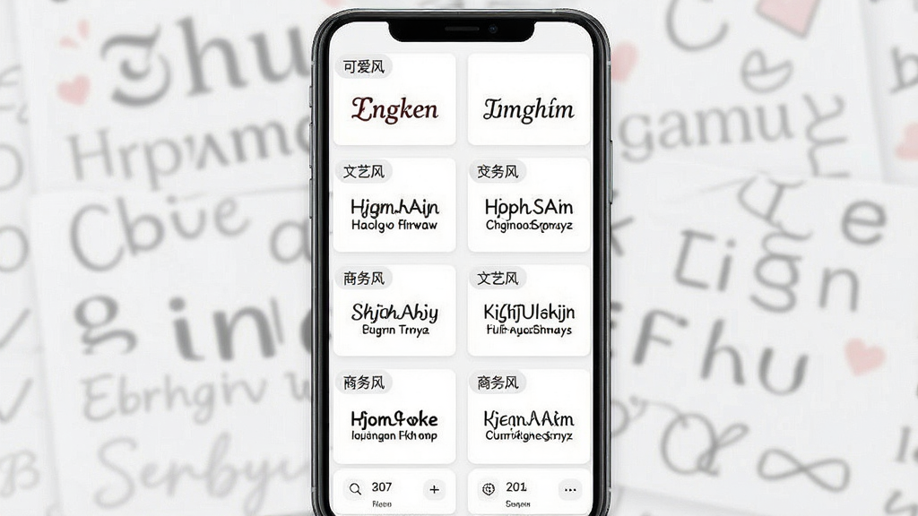 一张展示字体美颜大师海量字体资源库的界面截图,画面主体为手机屏幕,屏幕上以网格形式排列着各类字体预览,包括