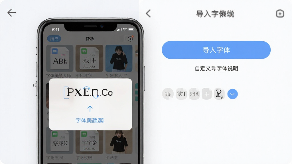 一张展示字体美颜大师自定义导入字体功能的操作界面图,画面中手机屏幕显示文件选择弹窗,用户正在从本地存储中选取字体文件,背景为软件主界面,有