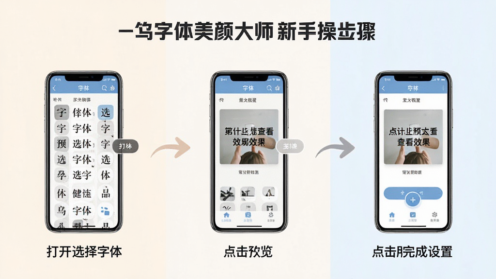 一张展示字体美颜大师新手操作步骤的示意图,画面分为三个步骤展示:第一步打开软件选择字体,第二步点击预览查看效果,第三步点击应用完成设置,每个步骤配有手机界面缩略图和简短文字说明,布局清晰,风格简洁,颜色柔和,细节丰富,画质高清干净,无多余元素