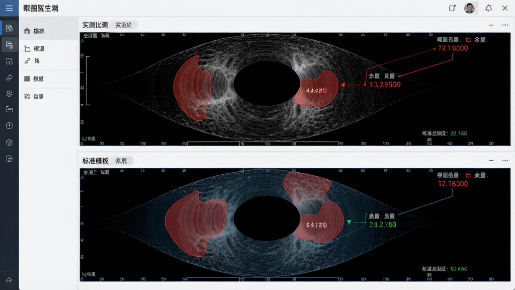 一幅AI生图,展示眼图医生端进行模板余量比对的功能。主体为软件界面截图风格,布局为上下分栏,上方为实测眼图,下方为标准模板叠加图。排版清晰,风格简洁商务。细节包括红色高亮违规区域、余量数值显示。画质高清,干净,无多余元素。