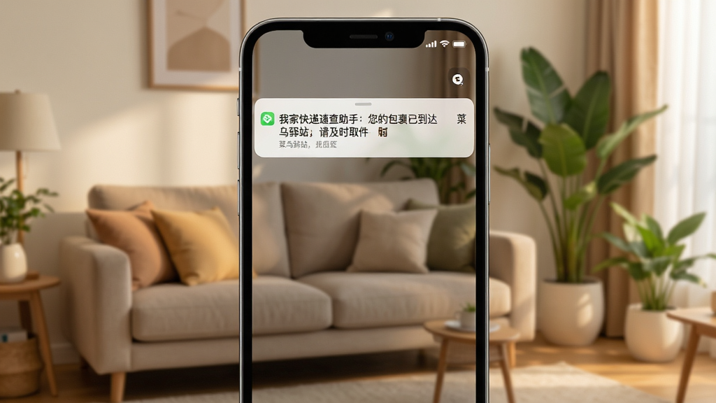 一张手机界面截图风格的图片,画面中一部手机弹出通知栏,通知内容显示“我家快递速查助手:您的包裹已到达菜鸟驿站,请及时取件”,手机背景是居家客厅场景,有沙发和绿植,整体色调温暖,排版清晰,画质高清,干净整洁