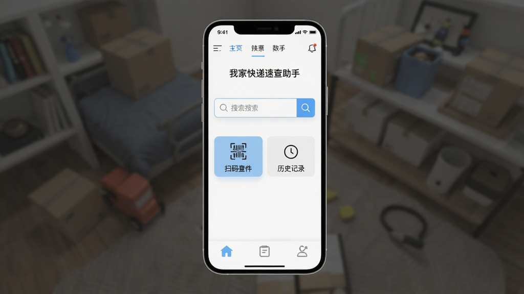 一张手机界面设计图,展示我家快递速查助手的主页,界面中央是一个大号搜索框,下方有“扫码查件”和“历史记录”两个按钮,底部导航栏有三个图标,整体配色以白色和浅蓝色为主,风格极简,排版干净,画质高清