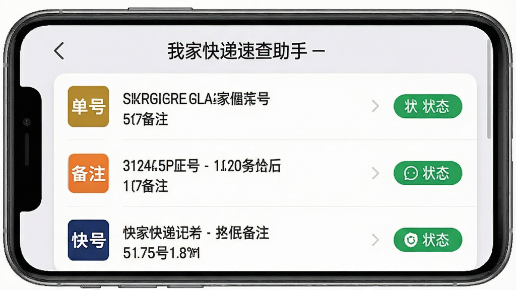 一张手机应用界面展示图,名为我家快递速查助手,界面显示历史查询记录列表,每条记录左侧有快递公司图标,中间有单号及备注文字,右侧有状态标签,界面风格清爽,背景为淡灰色,布局整齐,画质清晰,无多余装饰
