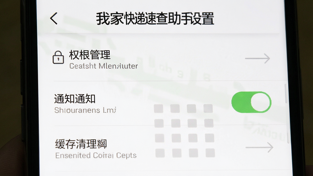 一张手机屏幕截图,展示我家快递速查助手的设置页面,页面中有权限管理、通知开关、缓存清理等选项,界面风格简洁,背景为白色,文字清晰,画质干净,无多余元素