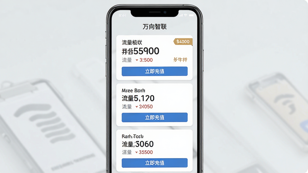 一张万向智联充值续费界面的图片,手机屏幕内显示多个套餐卡片纵向排列,卡片上有流量数字、价格标签和“立即充值”按钮,顶部有“万向智联”应用名称,背景为浅灰色,风格简洁商务,排版清晰,画质干净,无多余元素