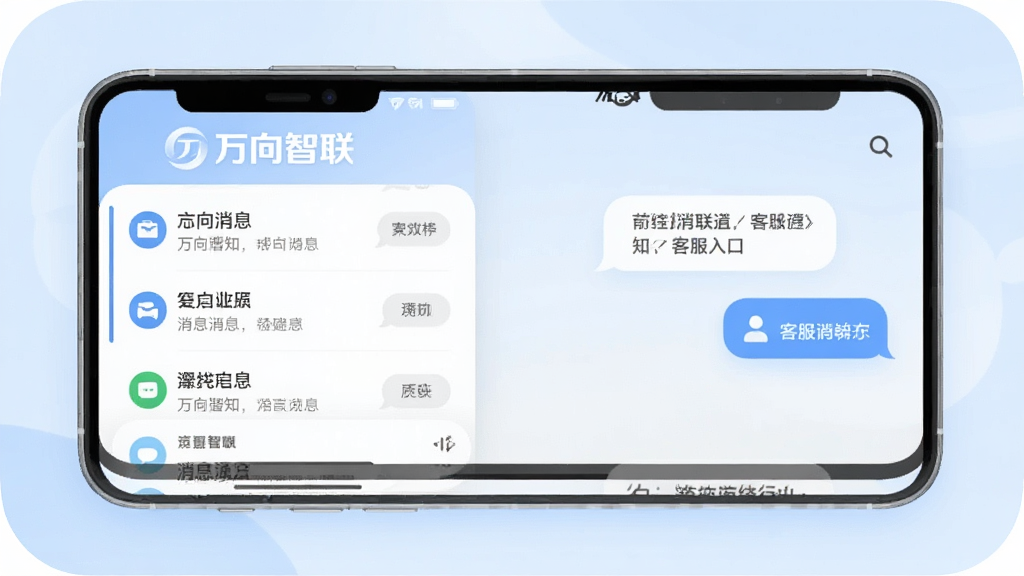 一张万向智联消息通知与客服入口界面的图片,手机屏幕显示消息列表和客服对话气泡,顶部有“万向智联”标识,背景为浅蓝色,风格柔和圆角,排版整洁,画质清晰,无多余元素
