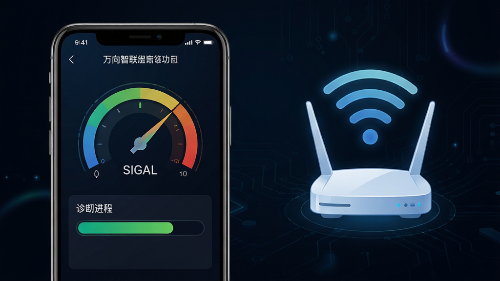 一张万向智联网络诊断功能的示意图,手机屏幕显示信号强度仪表盘和诊断进度条,旁边有WiFi设备与信号波纹图标,背景为深色渐变,风格科技感强,细节丰富,画质清晰,无多余元素