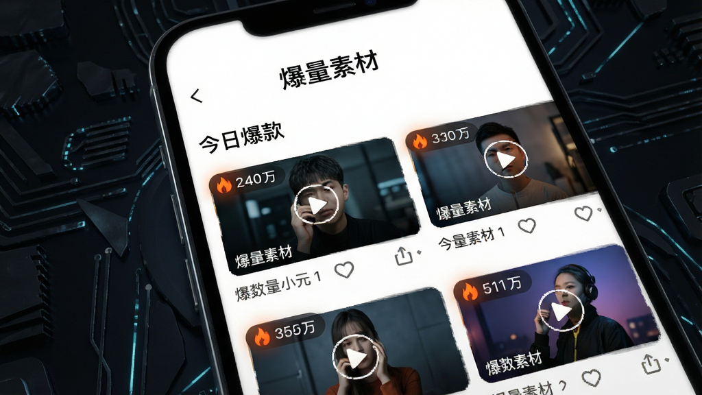 一张展示爆量素材APP内“今日爆款”素材列表的图片,画面以手机屏幕为主体,屏幕内显示多个视频封面缩略图,每个封面带有播放量标签和火焰图标,屏幕上方有“爆量素材”字样,背景为深色科技纹理,风格现代简约,画质高清,无多余元素