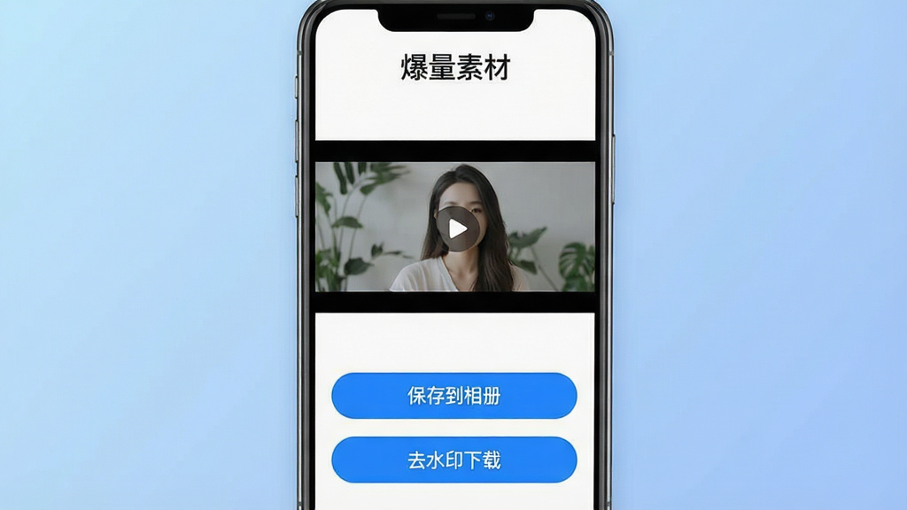 一张展示爆量素材APP去水印下载功能的界面截图风格图片,画面中手机屏幕显示一个视频预览窗口,下方有“保存到相册”和“去水印下载”两个按钮,按钮带有蓝色高亮,屏幕顶部有“爆量素材”文字,背景为柔和的渐变蓝色,风格干净清爽,画质清晰,无杂乱元素