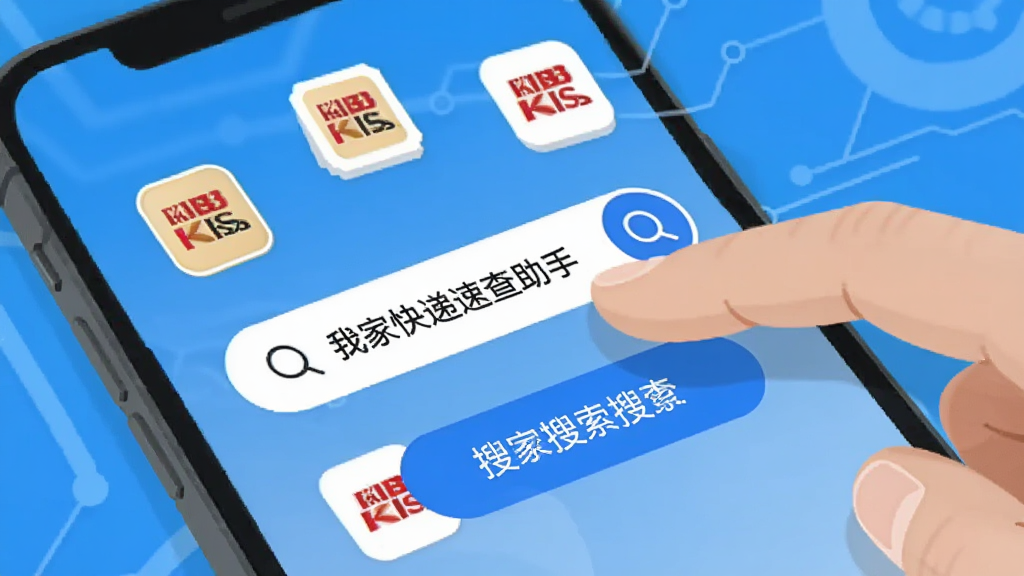 手机屏幕特写,画面中一只手正在点击我家快递速查助手的搜索按钮,屏幕上显示多个快递公司图标环绕在搜索框周围,背景干净明亮,科技感蓝色调,扁平化插画风格,画质清晰,无多余元素