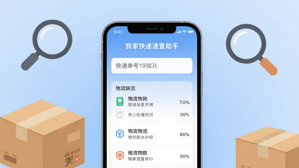 一款名为我家快递速查助手的手机应用界面,画面中央展示手机屏幕,屏幕内是简洁的快递单号输入框和物流轨迹列表,背景是浅蓝色渐变,周围散落几个快递纸箱和放大镜图标,扁平化设计风格,细节清晰,画质干净,无多余元素
