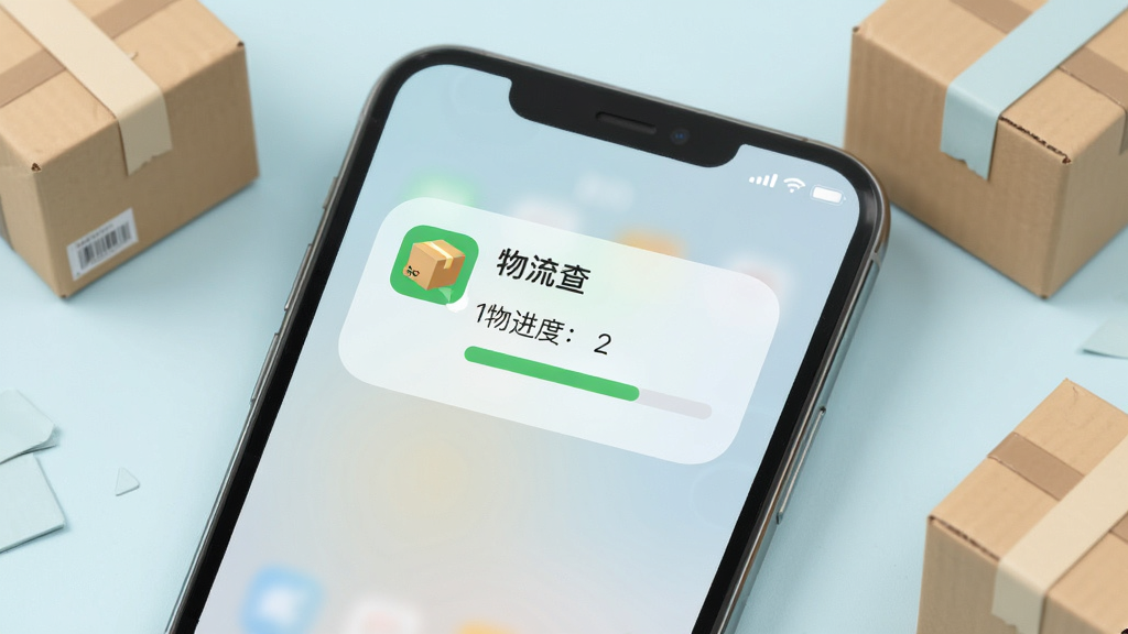 手机桌面展示我家快递速查助手的桌面小组件,小组件上显示快递图标和物流进度文字,背景是简洁的手机壁纸,周围有几个快递纸箱装饰,清新浅色风格,画质干净,无多余元素