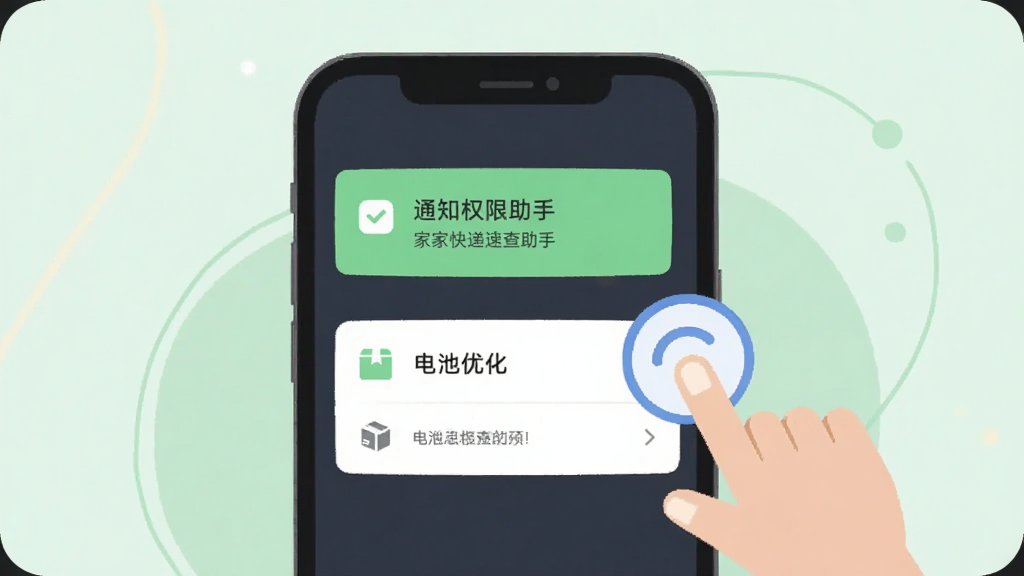 我家快递速查助手的新手设置引导页面插画,画面中手机屏幕显示通知权限和电池优化两个设置项,旁边有手指点击的图标,背景是柔和的浅绿色,扁平化设计,画质干净,无多余元素