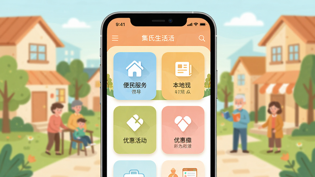 集氏生活APP主界面展示,手机屏幕中呈现社区生活服务功能模块,包含便民服务、本地资讯、优惠活动等图标,背景为温馨的社区场景,色彩明亮柔和,扁平化设计风格,细节清晰,画质干净,无多余元素