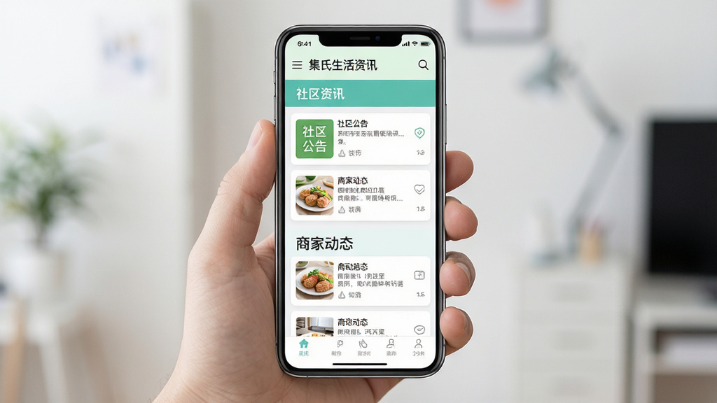 集氏生活资讯页面展示,手机屏幕中呈现分类清晰的生活资讯列表,包含社区公告和商家动态,界面配色清新,布局整齐,扁平化设计,细节丰富,画质干净,无多余元素