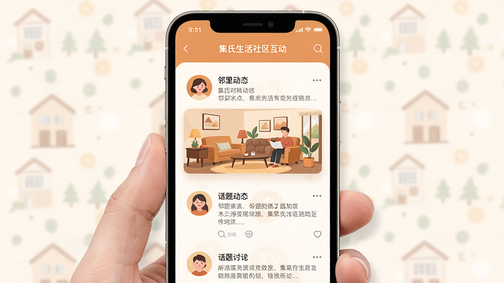 集氏生活社区互动页面,手机屏幕中呈现邻里动态和话题讨论界面,用户头像与文字内容布局合理,配色温暖,扁平化设计,细节清晰,画质干净,无多余元素