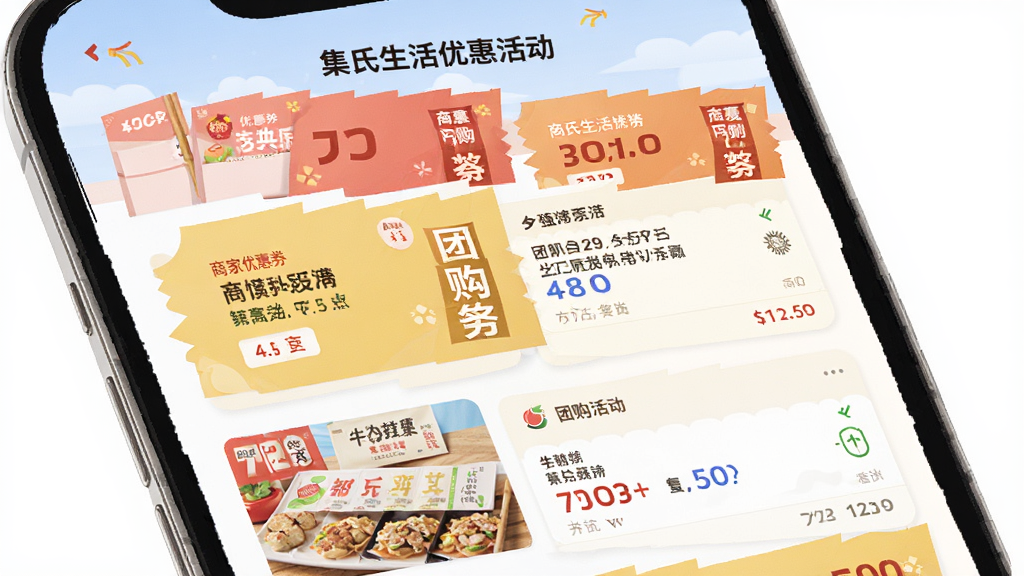 集氏生活优惠活动页面,手机屏幕展示商家优惠券和团购活动列表,界面色彩鲜明,信息层次分明,扁平化设计风格,细节丰富,画质干净,无多余元素