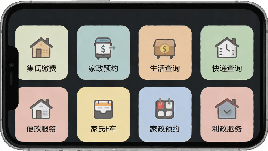 集氏生活便民服务功能界面,手机屏幕展示生活缴费、快递查询、家政预约等服务图标,排列整齐,配色柔和,扁平化设计风格,细节清晰,画质干净,无多余元素