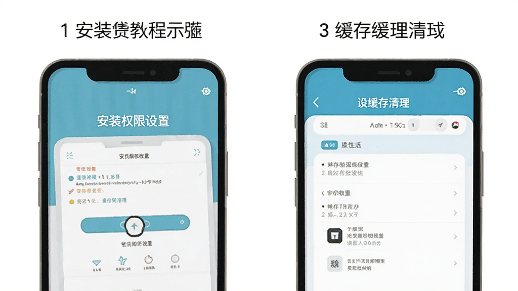 集氏生活APP使用教程示意图,手机屏幕展示安装权限设置和缓存清理界面,步骤清晰,配色简洁,扁平化设计风格,细节明了,画质干净,无多余元素