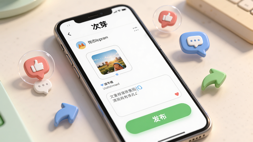 一张AI生成的场景图,画面展示一部手机屏幕,屏幕内是“次芽”APP的动态发布页面,有图片上传框、文字输入区和发布按钮,手机周围散落着点赞图标、评论气泡和分享箭头,布局以手机为中心,排版清晰,风格明亮活泼,细节丰富,画质干净,背景为浅色桌面,无多余元素