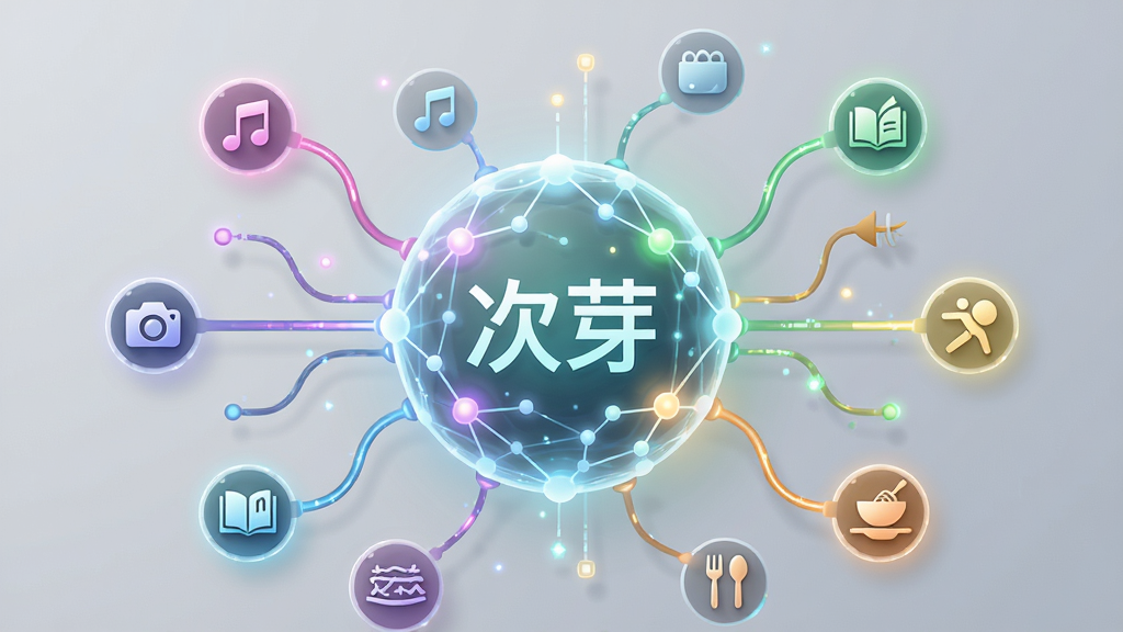 一张AI生成的插画,画面主体是一个发光的球形网络节点,节点中心写着“次芽”字样,四周延伸出多条彩色线条连接不同的小图标,分别代表音乐、摄影、阅读、运动、美食等兴趣标签,布局呈放射状,排版居中,风格科技感与清新感结合,细节精致,画质高清,背景干净浅灰,无多余元素,图片中文字“次芽”清晰可见