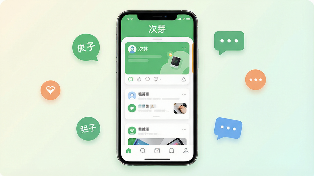 一张展示手机社交应用界面的图片,画面中央是一部现代智能手机,屏幕上显示名为“次芽”的APP主界面,界面采用清新绿色与白色搭配,顶部有“次芽”文字标识,中间是卡片式动态信息流,底部有五个导航图标,整体布局简洁明快,背景为柔和的浅色渐变,周围点缀几个圆形兴趣标签和对话气泡图标,风格现代扁平化,细节清晰,画质干净,无多余元素,适合软件下载站展示