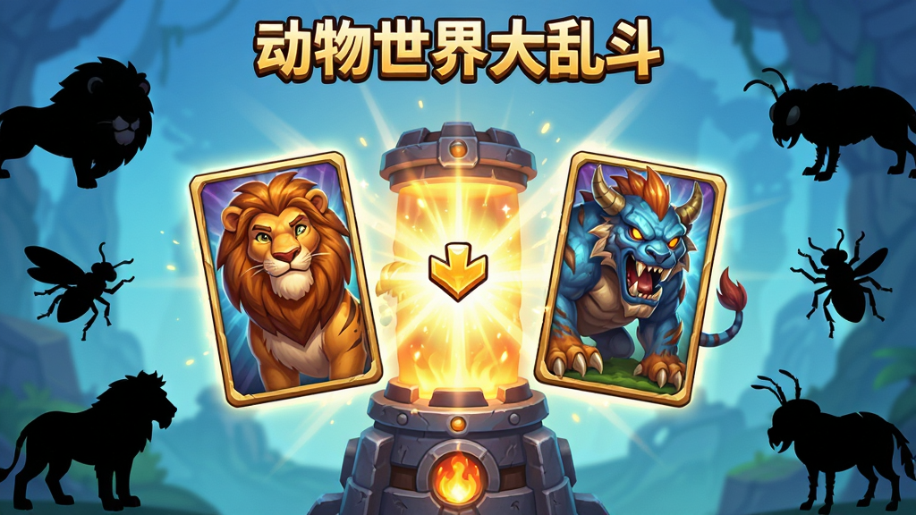 动物世界大乱斗动物融合界面预览图,画面展示两只动物卡牌在中央融合炉中合成为一只全新变异兽,光芒四射,周围环绕狮子、老虎、昆虫等动物剪影,界面顶部标注“动物世界大乱斗”,布局居中对称,风格为魔幻卡通,细节精致,画质高清,干净无多余元素
