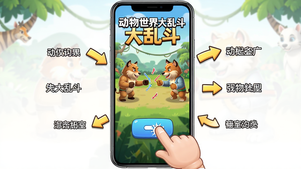 动物世界大乱斗新手引导界面预览图,画面展示手机屏幕中一位卡通手指正在点击操作按钮,周围有箭头与文字说明,背景为游戏对战场景,顶部标注“动物世界大乱斗”,布局为竖屏手机视角,风格为简洁教程风,细节明了,画质高清,干净无多余元素