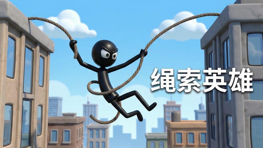 一个黑色火柴人英雄在城市高楼之间荡绳索,绳索连接着两栋大楼的顶部,英雄身体呈飞跃姿态,背景是白天的城市,蓝天白云,楼宇密集,画面右侧用白色文字写着“绳索英雄”,整体风格为3D卡通渲染,细节包括绳索的弯曲弧度、火柴人的姿势张力、建筑窗户的反光,画质清晰,干净,无多余元素