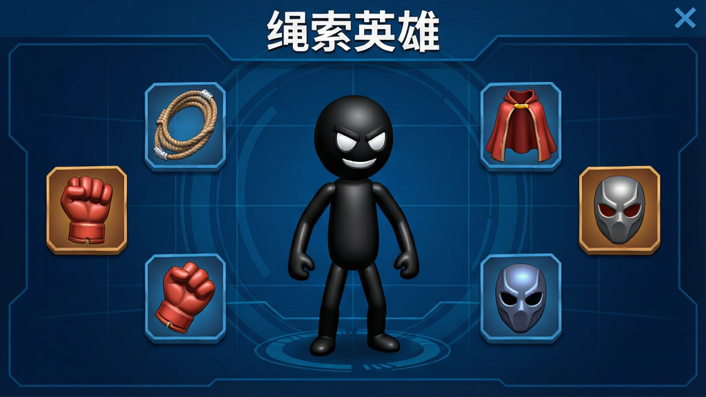 一个黑色火柴人英雄站在装备升级界面中央,周围漂浮着各种装备图标,包括绳索、拳套、披风、面具,背景是深蓝色科技感界面,画面顶部用白色文字写着“绳索英雄”,整体风格为游戏UI界面风格,细节包括图标的立体感、界面的网格线、英雄的站立姿态,画质清晰,干净,无多余元素