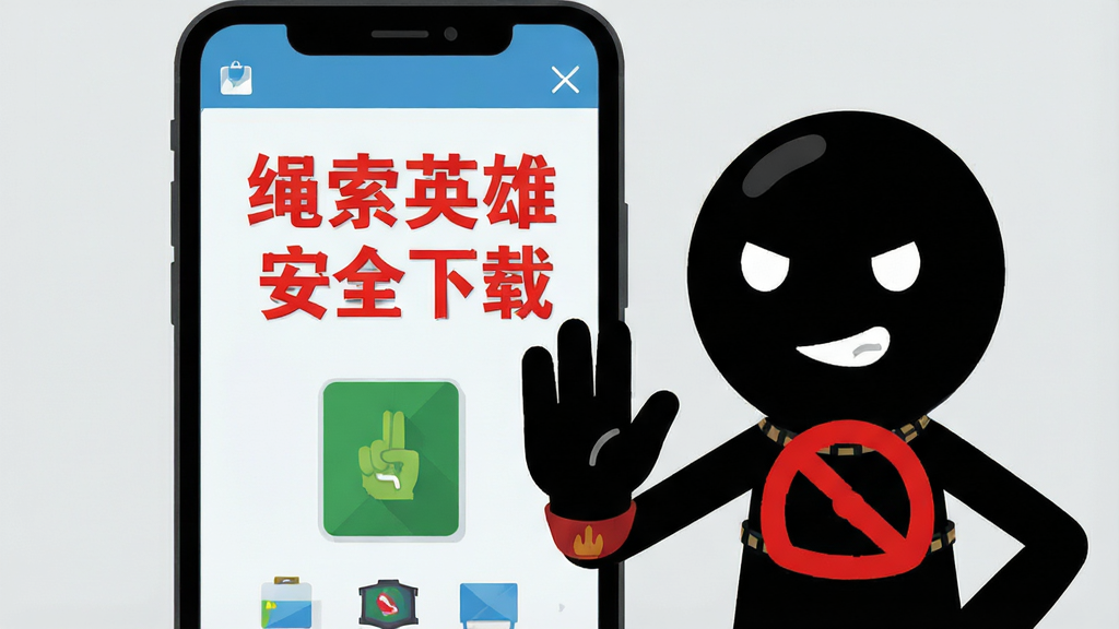 一个黑色火柴人英雄站在手机屏幕前,手机屏幕上显示着游戏安装界面,英雄用手势表示“禁止”的动作,背景是浅灰色,画面中央用红色文字写着“绳索英雄 安全下载”,整体风格为扁平化插画风格,细节包括手机屏幕的图标、英雄的警示手势,画质清晰,干净,无多余元素