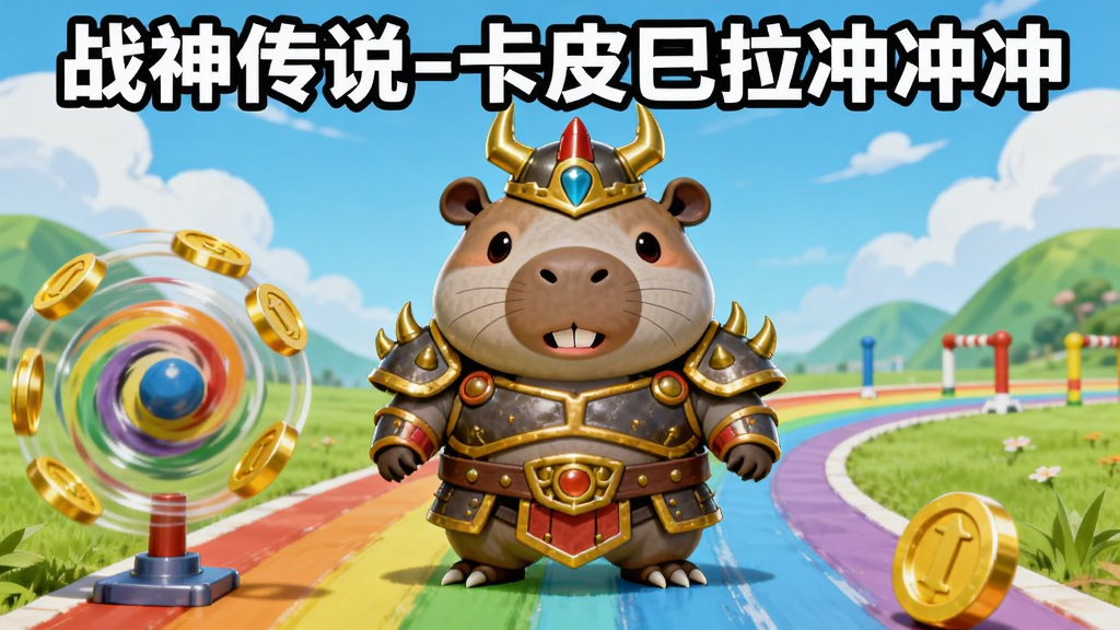 一只圆润可爱的卡皮巴拉穿着战神铠甲站在彩虹跑道上,前方有旋转障碍物和金币,背景是蓝天白云与绿色山丘,卡通渲染风格,画面明亮鲜艳,主体居中构图,上方留出空间用于排版标题,整体风格轻松活泼,细节丰富,画质清晰,干净无多余元素,图片中打上文字