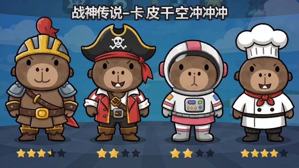 一只卡皮巴拉穿着不同风格的服装站成一排,包括战士装、海盗装、宇航员装、厨师装,背景是游戏角色选择界面风格,每个角色下方有星星评分,卡通可爱风格,横向排版,色彩丰富,画质清晰,干净无多余元素,图片中打上文字