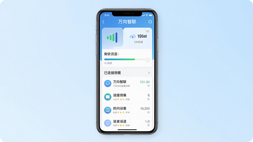 一张展示万向智联手机APP主界面的预览图,画面中央是手机屏幕,屏幕内显示万向智联APP的设备管理首页,包含信号强度图标、剩余流量进度条、已连接设备列表等元素,背景为浅蓝色渐变,整体风格简洁清爽,画质清晰,干净无多余元素。