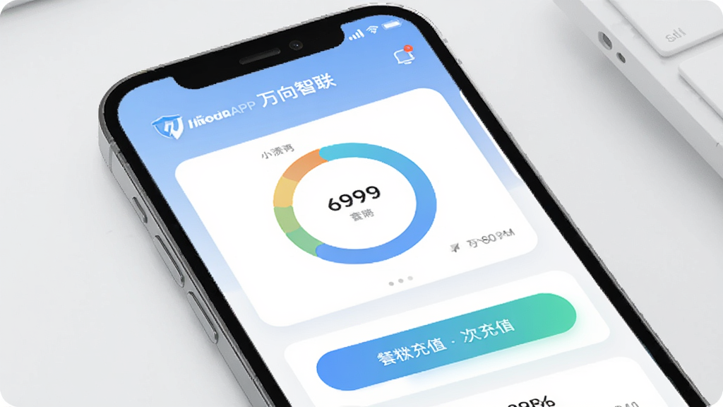 万向智联APP流量监控与充值页面展示图,手机屏幕内呈现流量使用环形图表和套餐充值选项按钮,界面采用卡片式布局,配色柔和,画面中带有万向智联标志,整体风格现代简约,画质清晰干净。