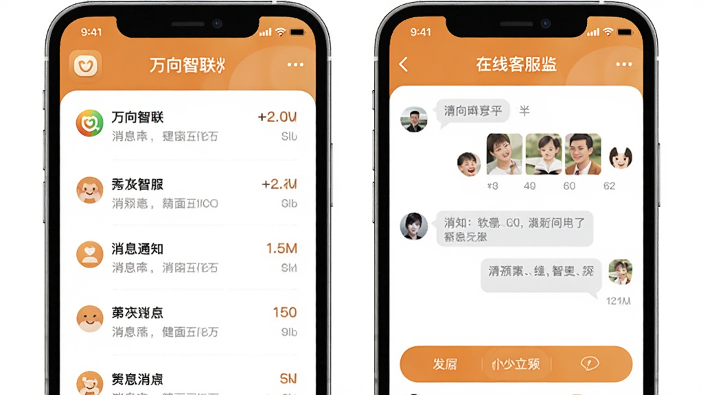 万向智联APP消息通知与客服页面示意图,手机屏幕显示消息列表和在线客服对话框,界面风格友好亲切,配色温暖,画面中包含万向智联软件图标,整体干净利落,画质清晰。