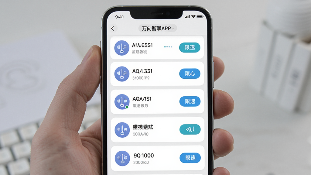 万向智联APP已连接设备列表界面图,手机屏幕内展示多个设备图标及名称,每个设备旁边有信号和限速按钮,界面布局清晰,配色以白色和浅灰色为主,画面干净整洁,画质高清。