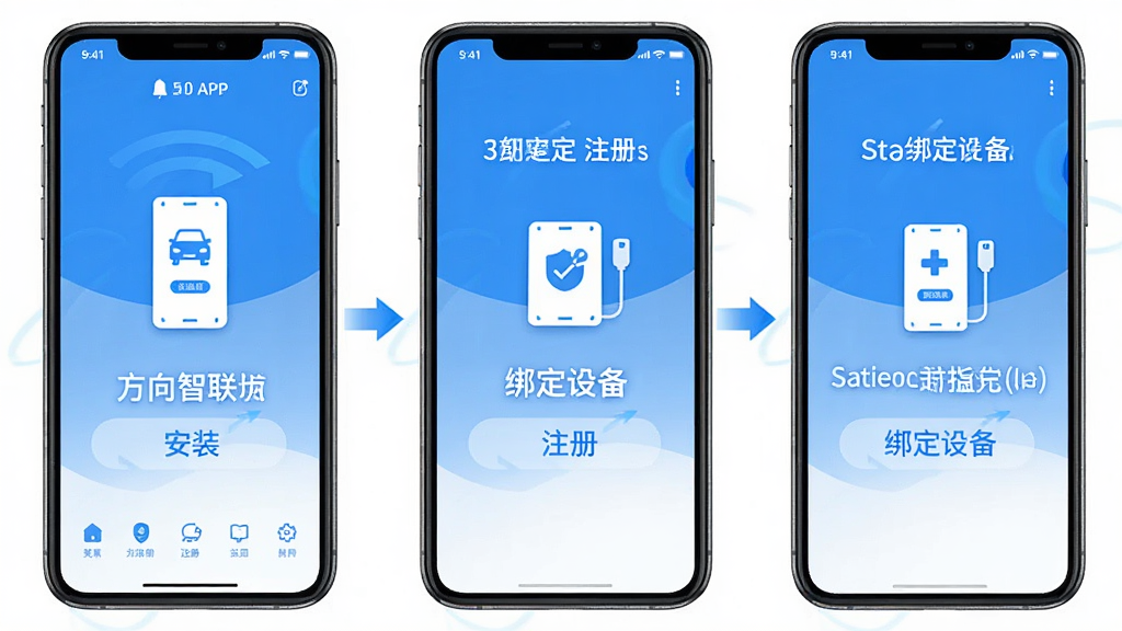 万向智联APP新手操作指引示意图,画面展示手机屏幕中APP的安装、注册、绑定设备三个步骤的流程图,每个步骤配有简洁图标和文字说明,整体风格清新明快,配色以蓝色和白色为主,画面干净整洁,画质高清,无多余元素。