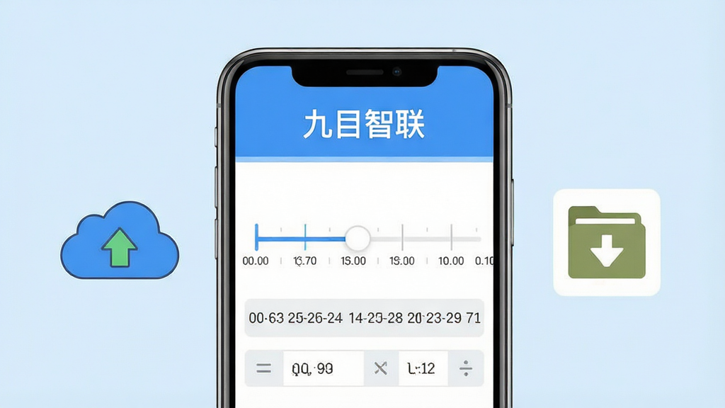 一张展示九目智联软件功能的图片,画面主体是一部智能手机,屏幕内显示九目智联软件的历史回放界面,有时间轴滑块和日期选择器,屏幕上方有软件名称“九目智联”文字,手机旁边漂浮着云存储图标和本地存储图标,布局为左右对称,排版清晰,风格为清爽扁平化插画风,细节上时间轴有刻度标记,背景为淡蓝色,画质清晰,干净,无多余元素