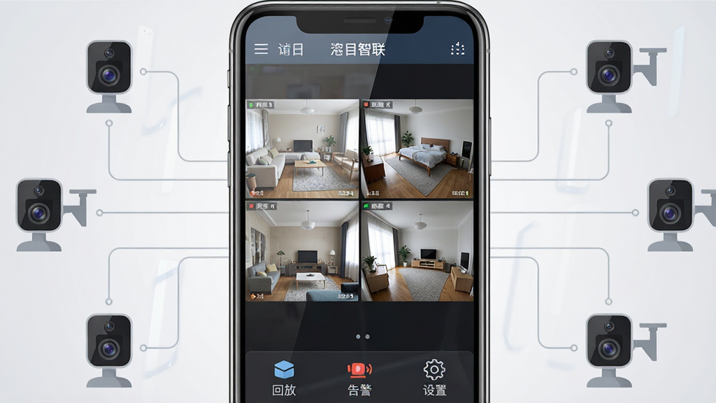 一张展示智能安防监控软件界面的图片,画面中央是手机屏幕,屏幕内显示九目智联软件的多路摄像头实时监控画面,分为四个小窗口,每个窗口显示不同房间的监控画面,底部有回放、告警、设置等图标按钮,手机周围环绕着几个小型摄像头设备图标用线条连接,整体布局简洁对称,排版居中,风格为现代科技感扁平化设计,细节上屏幕有轻微反光,背景为浅灰渐变,画质清晰,干净,无多余元素